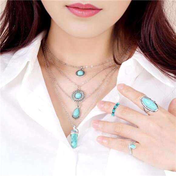 Turquoise Necklaces 12Pcs Turquoise Jewelry Set Include 4Pcs Turquoise Layered - Picture 2 of 6